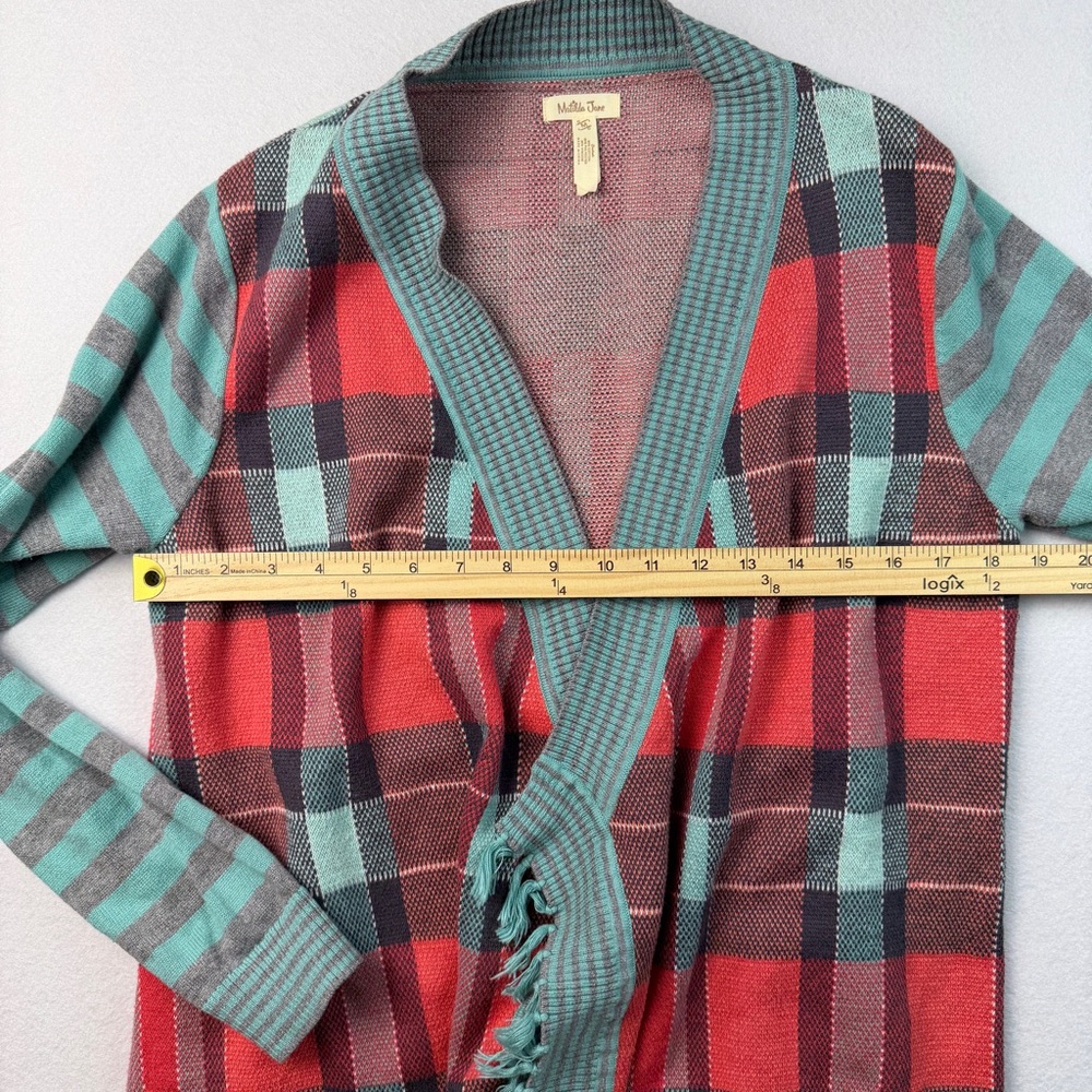 Matilda Jane Women’s Medium Open Front Cardigan Plaid Fringe Sweater - Picture 6 of 8